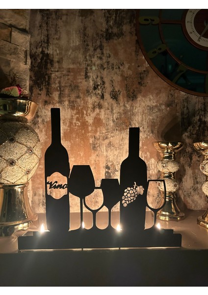 Şarap ve Şarap Kadehi Temalı Metal Dekoratif Mumluk