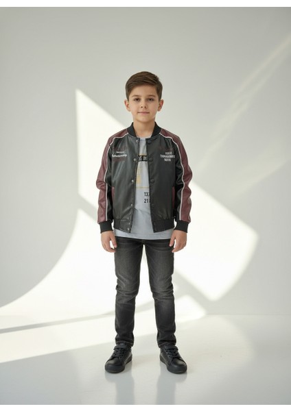 Erkek Çocuk Deri Ceket Tişört Pantolon Alt Üst Takım Bayramlık 3'lü