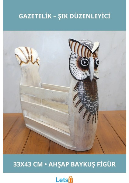 Ahşap Baykuş Figürlü Dekoratif Gazetelik 33X43 cm