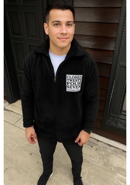 Erkek Polar Fermuarlı Sweatshirt – Kapüşonsuz, Cepli, Yumuşak Dokulu, Oversize Rahat Kalıp, Kışlık Sıcak Tutan Fermuarlı Üst - Siyah