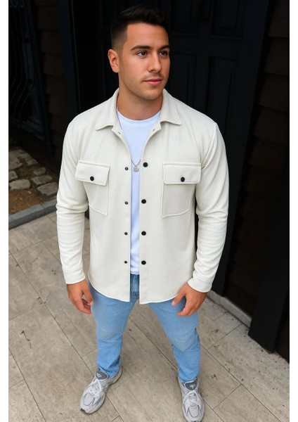 Erkek Diagonal Kumaş Cepli Çıtçıtlı Uzun Kollu, Gömlek Oversize Rahat Kalıp Günlük Şık Stil - Beyaz