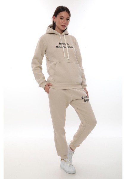 Kadın Kapüşonlu Kanguru Cep Şardonlu 3 Iplik Kışlık Içi Polarlı Günlük Eşofman Takım