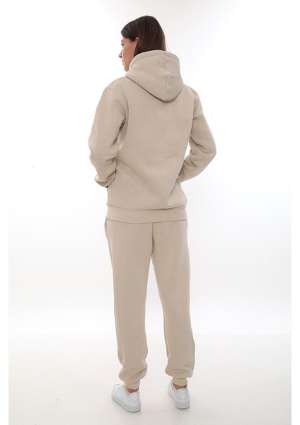 Kadın Kapüşonlu Kanguru Cep Şardonlu 3 Iplik Kışlık Içi Polarlı Günlük Eşofman Takım
