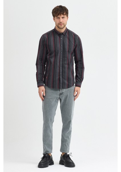 Erkek Dikine Çizgili Button Down Yaka Melanj Kışlık Pamuk Gömlek