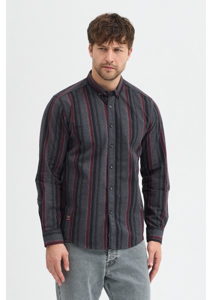 Erkek Dikine Çizgili Button Down Yaka Melanj Kışlık Pamuk Gömlek fiyatları