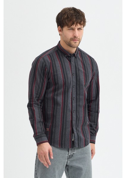 Erkek Dikine Çizgili Button Down Yaka Melanj Kışlık Pamuk Gömlek modelleri