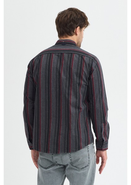 Erkek Dikine Çizgili Button Down Yaka Melanj Kışlık Pamuk Gömlek