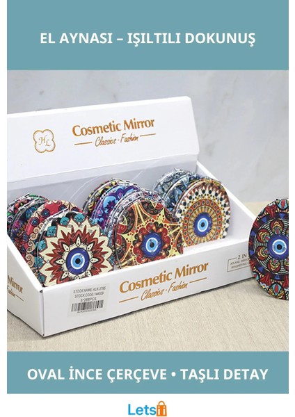 Zarif Taşlı Oval Ince El Aynası