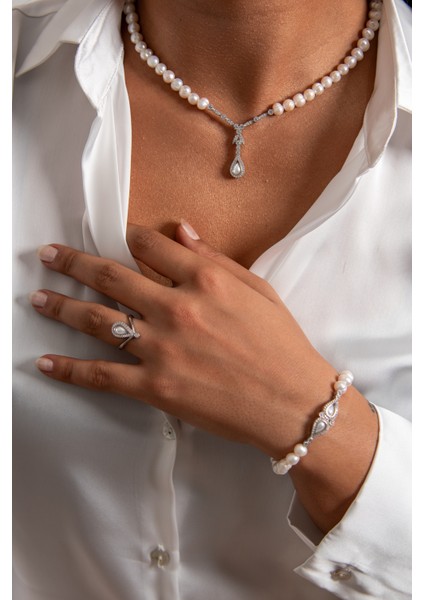 Incisi Içinde 925 Ayar Gümüş Rodyum (Beyaz Altın) Kaplama Gerçek Inci Set