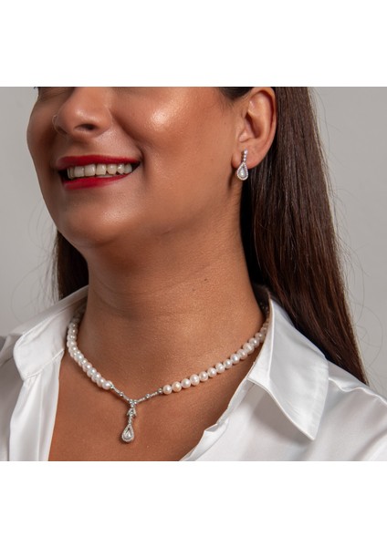 Incisi Içinde 925 Ayar Gümüş Rodyum (Beyaz Altın) Kaplama Gerçek Inci Set indirimleri