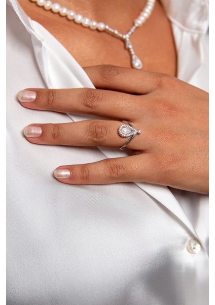 Incisi Içinde 925 Ayar Gümüş Rodyum (Beyaz Altın) Kaplama Gerçek Inci Set