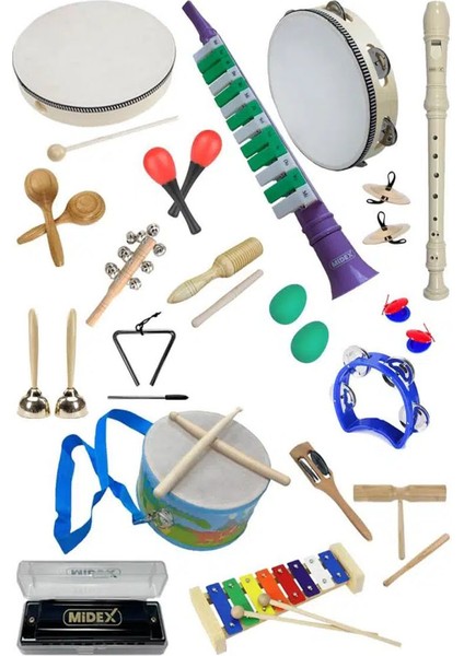 Örf Aletleri Seti Over Paket-2 Marakas Zil Üçgen Ksilofon Melodika Mızıka Davul Flüt (20 Parça)