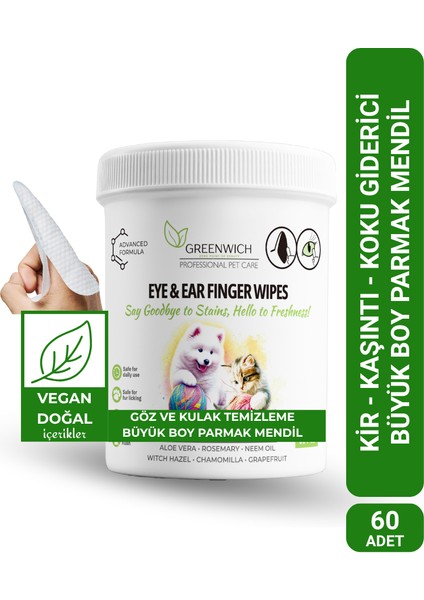 Göz Kulak Büyük Boy Parmak Mendil 60 Adet | Kir Temizleyici | Kedi Köpek | Nano Gümüş Içermez