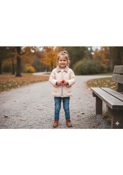 Kapitone Peluş Yaka Detaylı Kız Çocuk Montu Sonbahar Kışlık