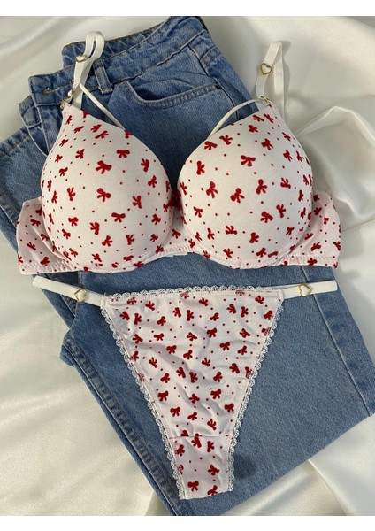 Kadın Kurdele Detaylı Ipli Balenli Destekli Dolgulu Push Up Sütyen Takımı Iç Çamaşırı Takımı