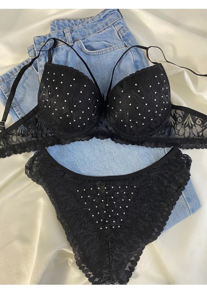 Kadın Dantelli Ip Detaylı Taşlı Balenli Destekli Dolgulu Push Up Sütyen Takımı Iç Çamaşırı Takımı fiyatları