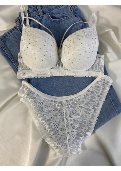 Kadın Dantelli Ip Detaylı Taşlı Balenli Destekli Dolgulu Push Up Sütyen Takımı Iç Çamaşırı Takımı