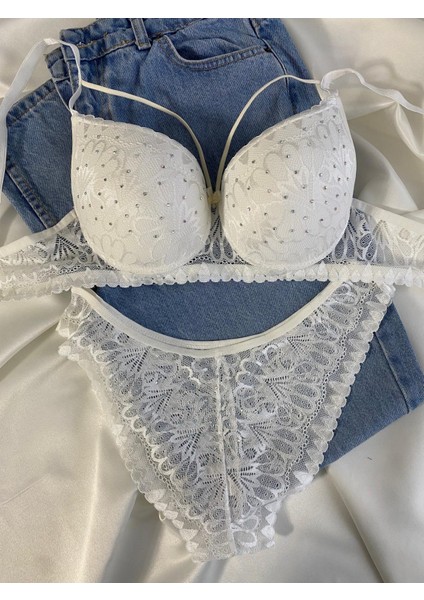 Kadın Dantelli Ip Detaylı Taşlı Balenli Destekli Dolgulu Push Up Sütyen Takımı Iç Çamaşırı Takımı fiyatları
