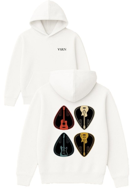 Gitar Penası Tasarım Baskılı Oversize Beyaz Kapüşonlu Sweatshirt