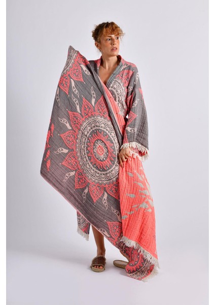 Gri- Turuncu Mandala Kimono ve Peştemal Takımı