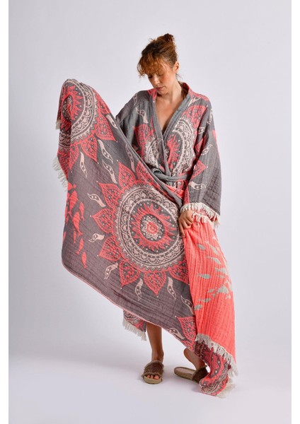 Gri- Turuncu Mandala Kimono ve Peştemal Takımı fiyatları