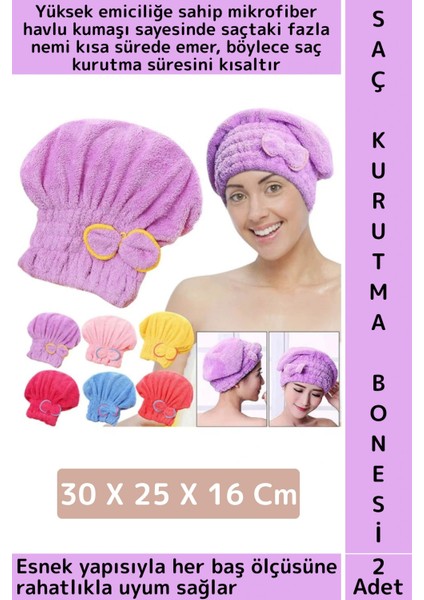 Her Baş Ölçüsüne Uyumlu Esnek Hızlı Emici Banyo Havuz Duş Mikrofiber Havlu Saç Kurutma Bonesi 2 Adet