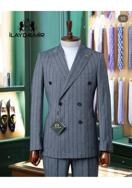 Kırlangıç Yaka, Slim Fit, Kruvaze, Torba Cepli, Çizgili Erkek Takım Elbise,ankrasit Gri