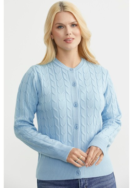 Düğmeli Sıfır Yaka Triko Hırka - Mavi