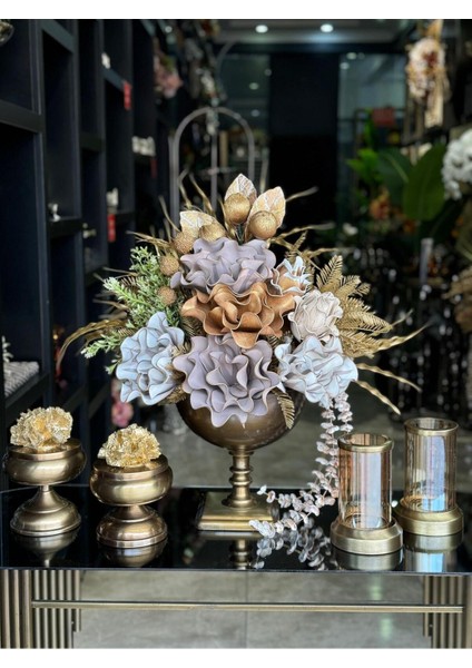 Yapay Çiçekli Antik Kare Ayak Vazo 5 Parça Set No:1