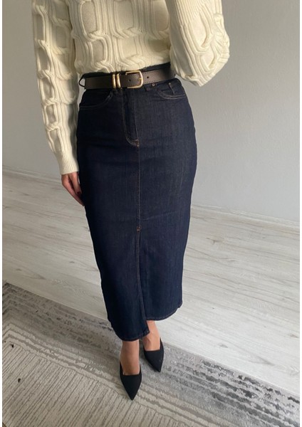 Kemerli Yüksek Bel Ön Yırtmaçlı Midi Boy Denim Etek fiyatları
