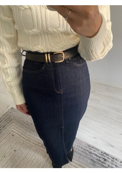 Kemerli Yüksek Bel Ön Yırtmaçlı Midi Boy Denim Etek modelleri