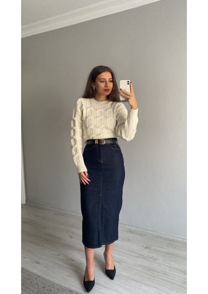 Kemerli Yüksek Bel Ön Yırtmaçlı Midi Boy Denim Etek fırsatları