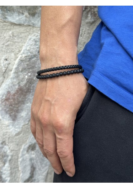 Erkek Oniks Doğaltaş ve Deri Erkek Bileklik