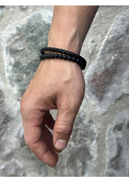 Erkek Oniks Doğaltaş ve Deri Erkek Bileklik modelleri