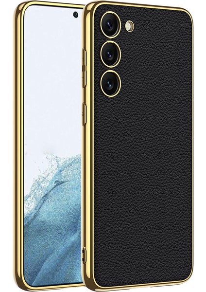 Galaxy S23 Plus Kılıf Deri Görünümlü Kenarları Elektroplating Kaplama Mrsa Fizyon Kapak-Siyah