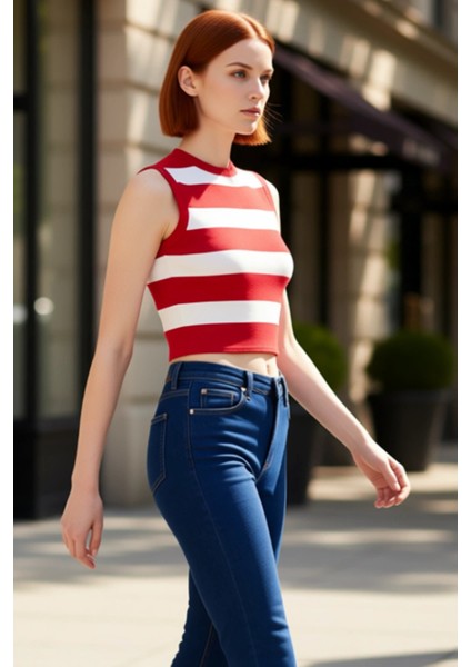 Kadın Çizgili Bisiklet Yaka Ince Triko Crop Kaliteli Şık Rahat Modern Zarif Günlük