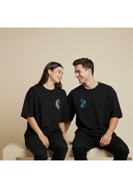 Bozkurt Baskılı Çift Tişört Seti Unisex Oversize Kalıp modelleri