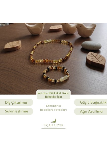 Kehribar Bebek Diş Çıkarma Bileklik ve Kolye Seti – Doğal Baltık Kehribar, Huzur ve Denge Sağlayan El Yapımı Taş Set