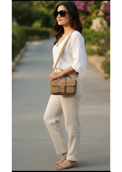 Süet Şık Kapağı Mıknatıslı Vizon Cepli El ve Omuz Çanta