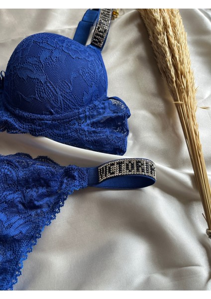 Dantelli Lastiği Taşlı Balenli Destekli Dolgulu Push Up Siyah Sütyen Ve String Iç Çamaşırı Takımı