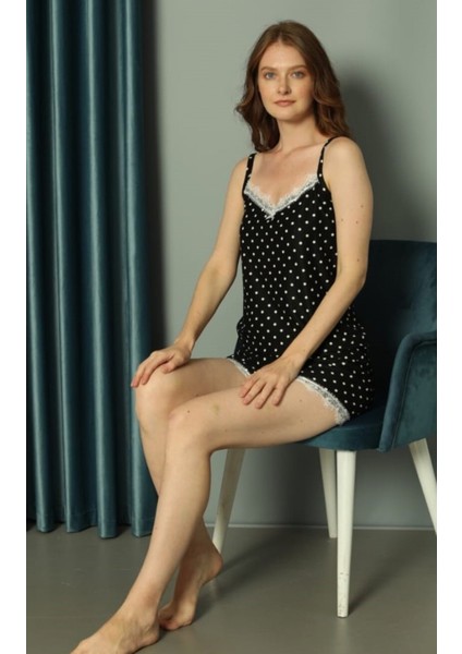 Kadın Lacivert Puantiye Desenli Büstiyerli Dantel Detaylı Şortlu Pijama Takım fiyatları