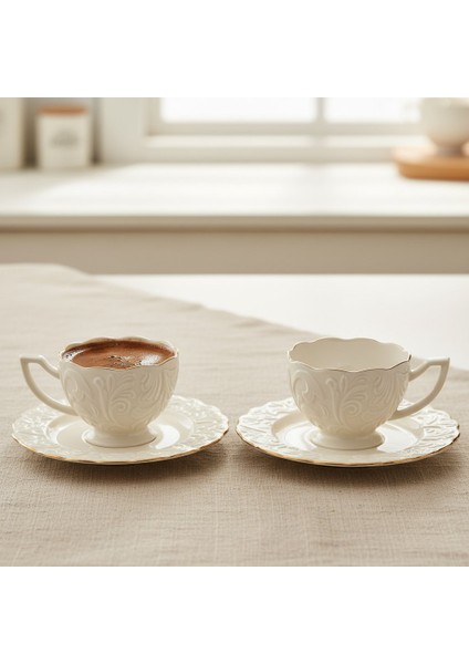 Rosen Kabartma Vintage Yaldızlı Model 6 Kişilik Porselen Krem Kahve Fincan Takımı – 100 Ml.