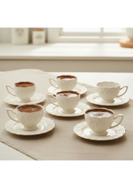 Rosen Kabartma Vintage Yaldızlı Model 6 Kişilik Porselen Krem Kahve Fincan Takımı – 100 Ml. modelleri