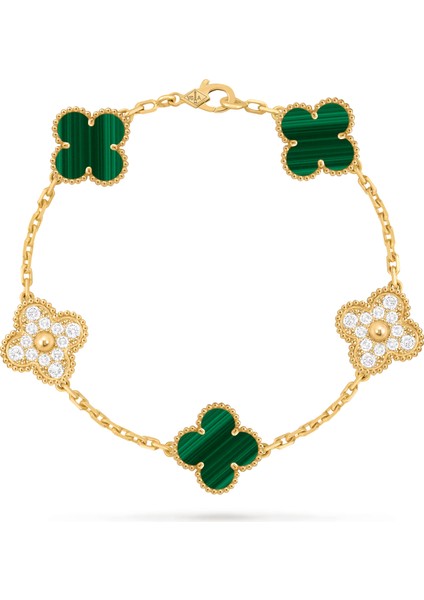 Van Cleef & Arpels Vintage Alhambra Bileklik, 5 Motif 925 Ayar Sarı Gümüş, Yeşil Malakit, Zirkon Taşlı