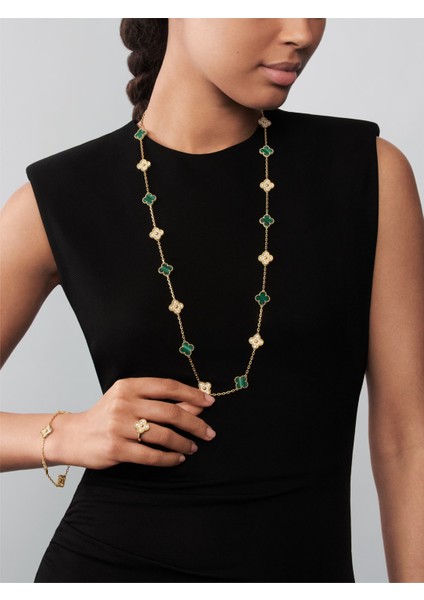Van Cleef & Arpels Vintage Alhambra Bileklik, 5 Motif 925 Ayar Sarı Gümüş, Yeşil Malakit, Zirkon Taşlı fiyatları