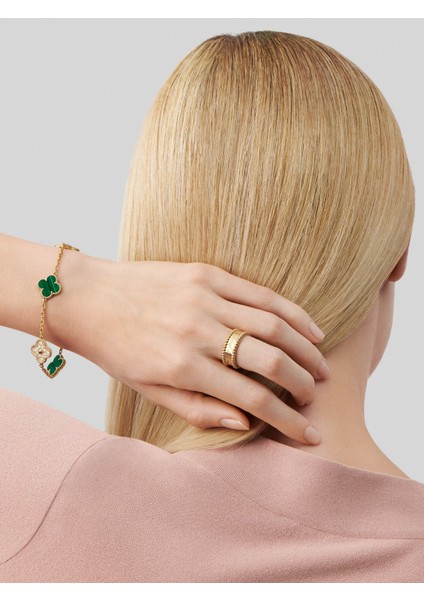 Van Cleef & Arpels Vintage Alhambra Bileklik, 5 Motif 925 Ayar Sarı Gümüş, Yeşil Malakit, Zirkon Taşlı modelleri