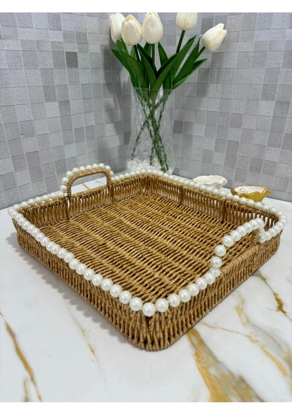 Inci Detaylı Kare Hasır Sunum ve Dekoratif Sepet