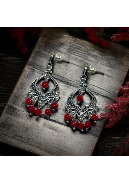 Kırmızı Mercan Doğal Taş Etnik Retro Küpe – El Yapımı Gümüş Kaplama Takı