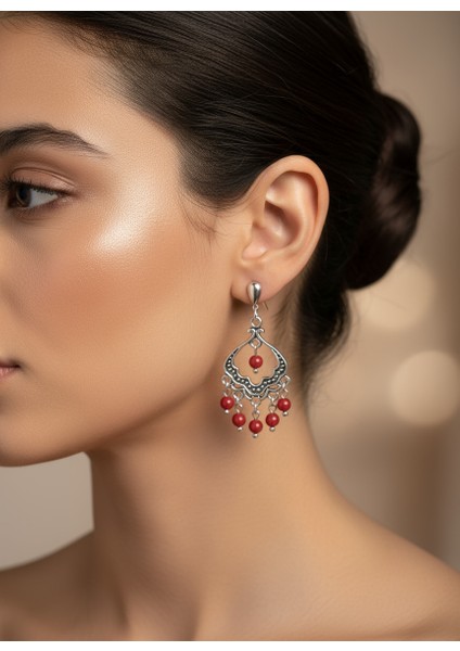 Kırmızı Mercan Doğal Taş Etnik Retro Küpe – El Yapımı Gümüş Kaplama Takı fiyatları