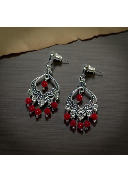 Kırmızı Mercan Doğal Taş Etnik Retro Küpe – El Yapımı Gümüş Kaplama Takı modelleri